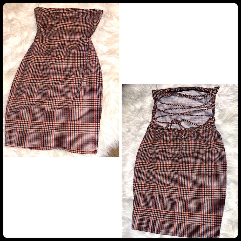 Flirty brown/tan/orange plaid bodycon mini!